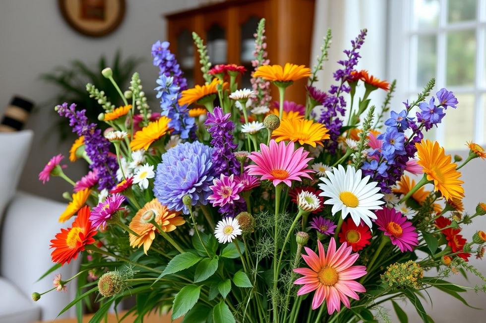 Um lindo arranjo de flores do campo em casa, trazendo frescor e alegria.