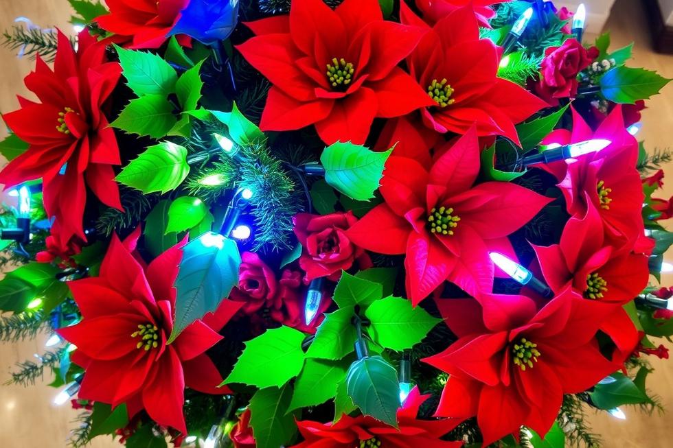 Arranjo de flores natalinas com poinsétia e azevinho