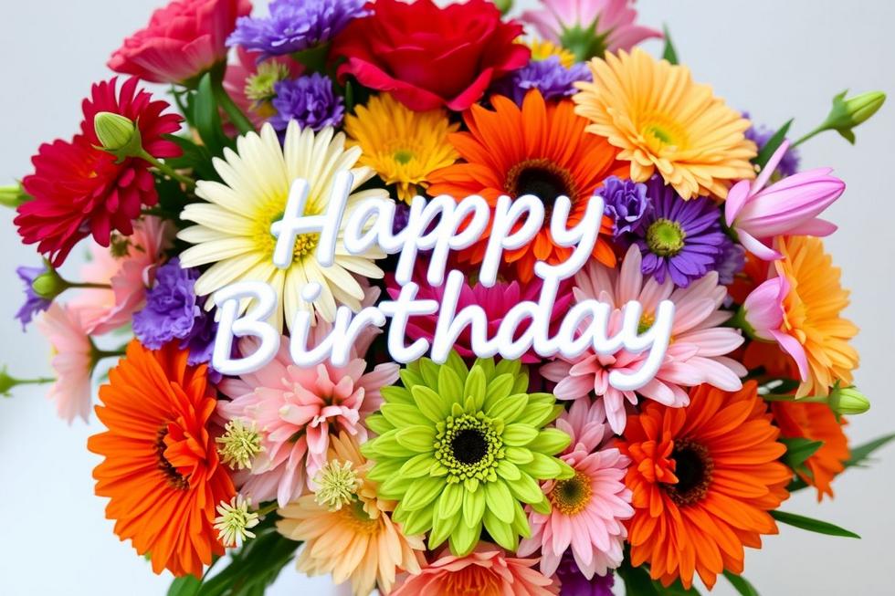 Buquê de flores de aniversário vibrante e artístico que expressa alegria.
