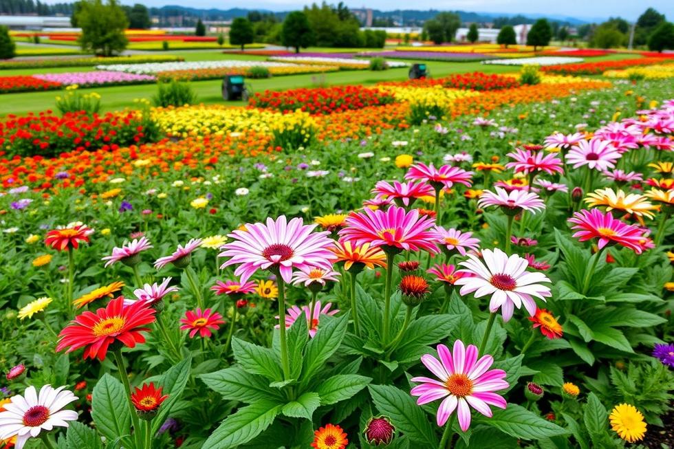 Vista panorâmica de um jardim com várias plantas Coroa de Cristo em flor.
