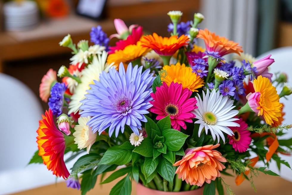 Um buquê vibrante com flores frescas, simbolizando amor e carinho.