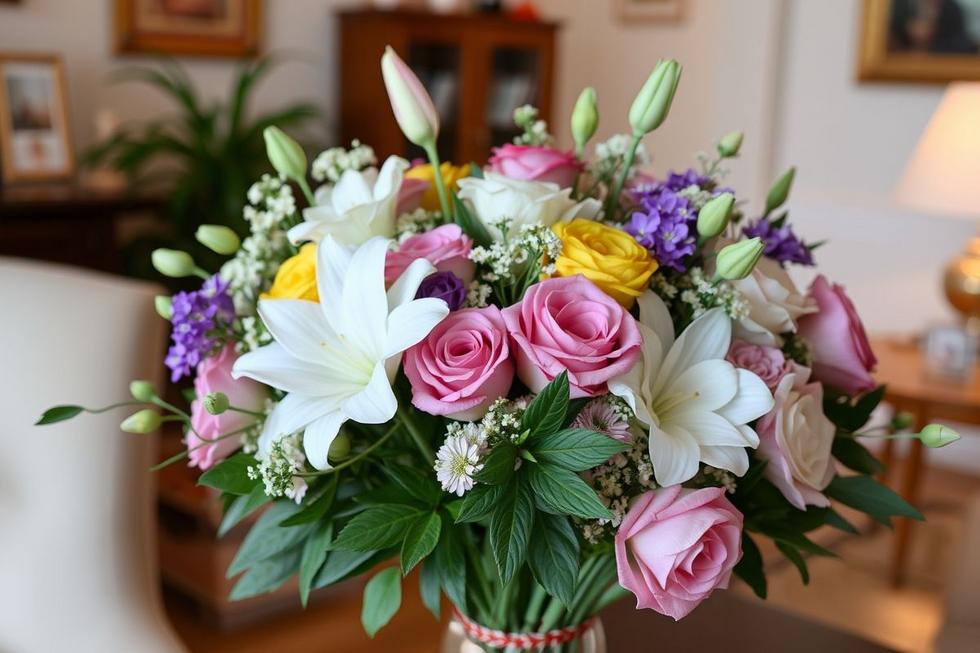 Buquê elegante de flores variadas em um ambiente acolhedor.