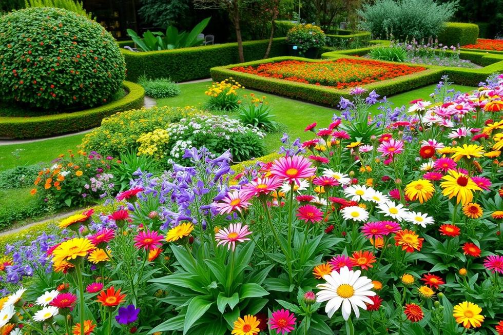 Jardim bem cuidado com diversas flores.