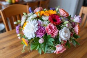 Um buquê de flores frescas em uma mesa de madeira.