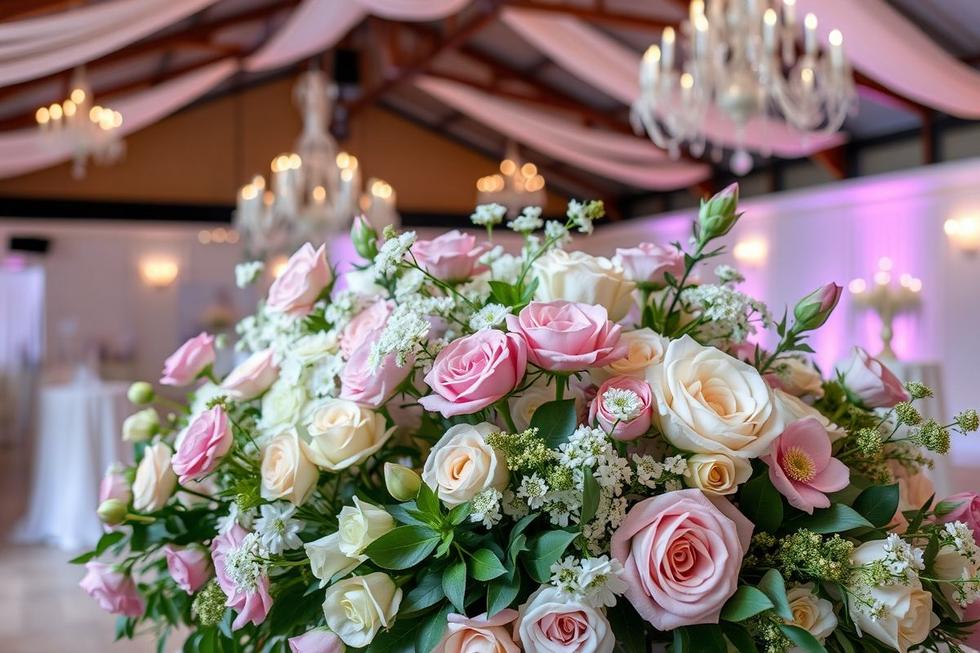 Arranjo floral em tonalidades pastéis em um ambiente decorado