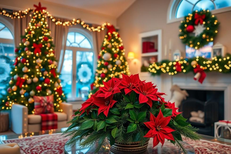 Sala decorada para o Natal com um toque especial das flores natalinas.