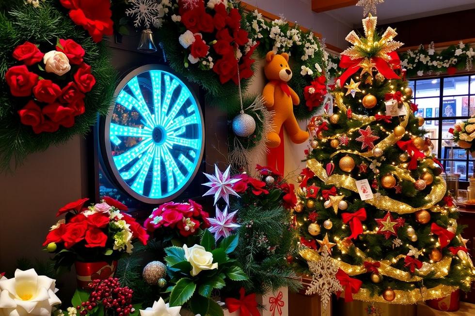 Decoração de Natal aconchegante com flores e árvore iluminada