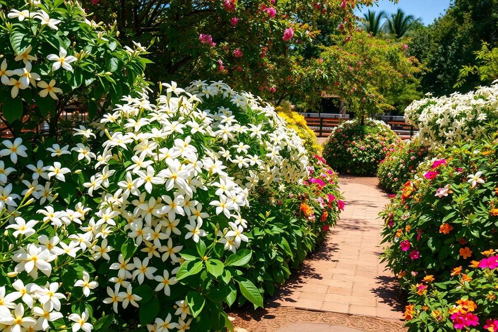 Jardim vibrante com várias plantas de jasmim-da-Índia em florescimento.
