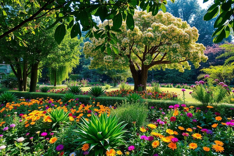 Jardim exuberante com a planta Manacá-da-Serra.