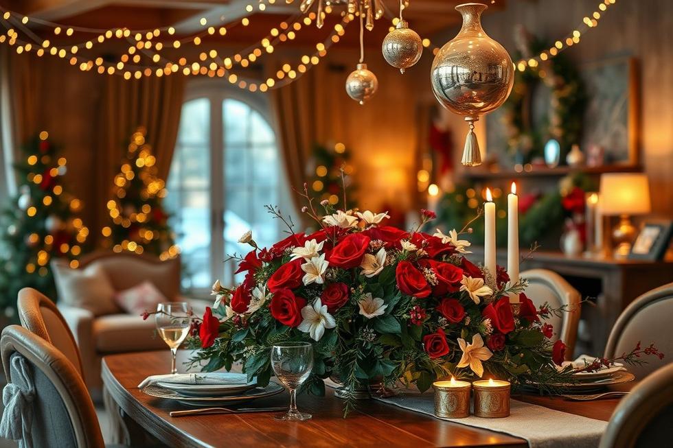 Mesa de Natal decorada com flores e luzes.