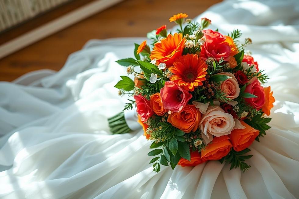 Um buquê de noiva vibrante colocado sobre um vestido de novia, simbolizando a essência do amor e beleza.