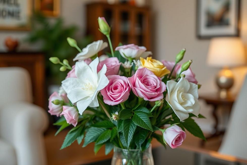 Buquê de flores artificiais em ambiente elegante.