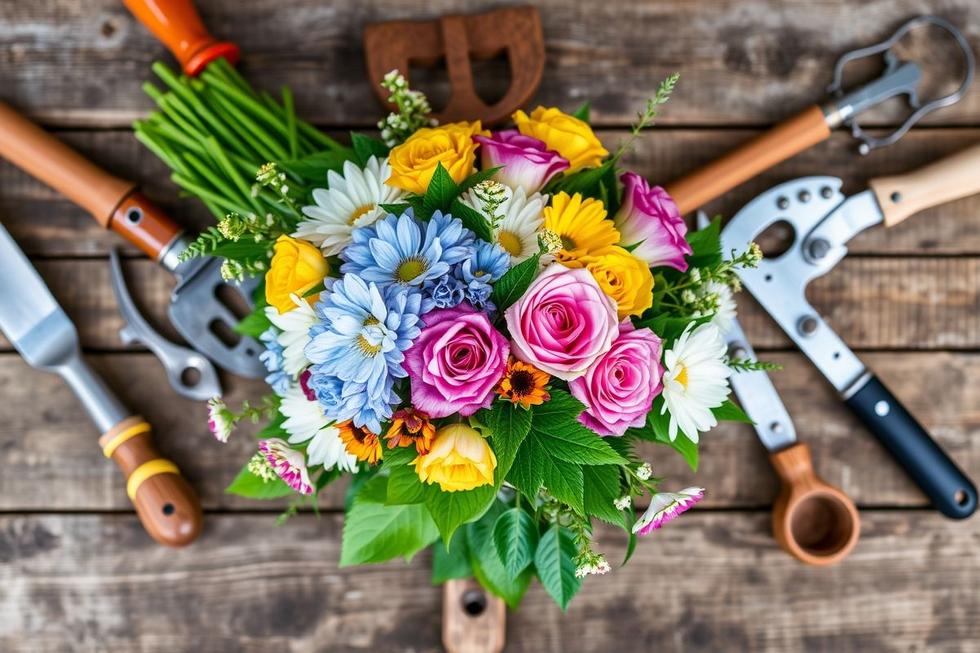 Um buquê bonito em uma mesa rústica, representando os cuidados com as flores.