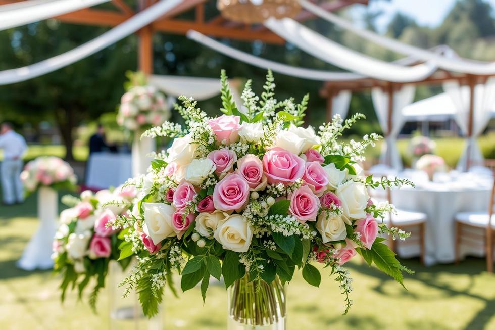 Exibição de buquês de noiva em um cenário de casamento ao ar livre.