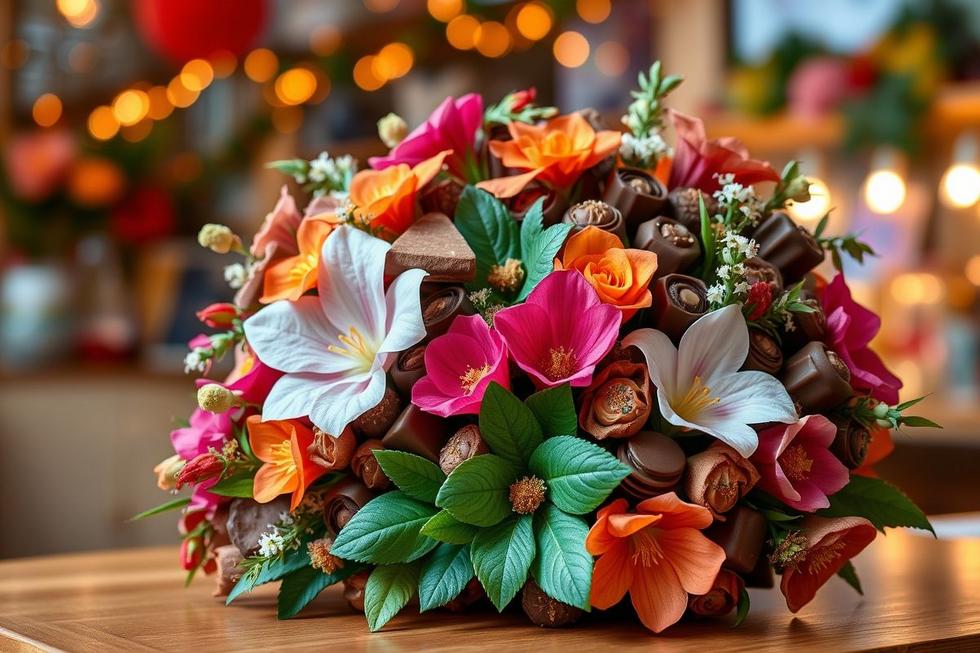 Um buquê de chocolate elaborado que mescla flores e chocolates, ideal para presentes.