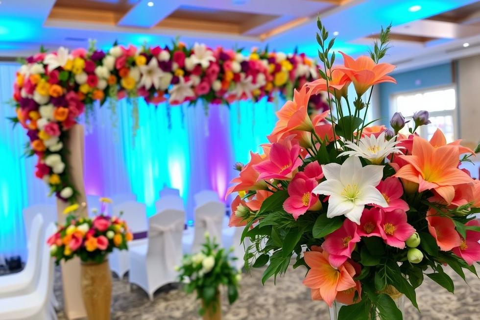 Ambientação interna com arranjos de flores artificiais.