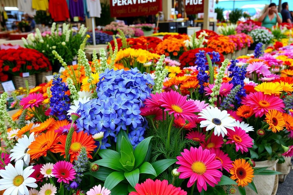 Flores vibrantes em um mercado, mostrando diferentes buquês.