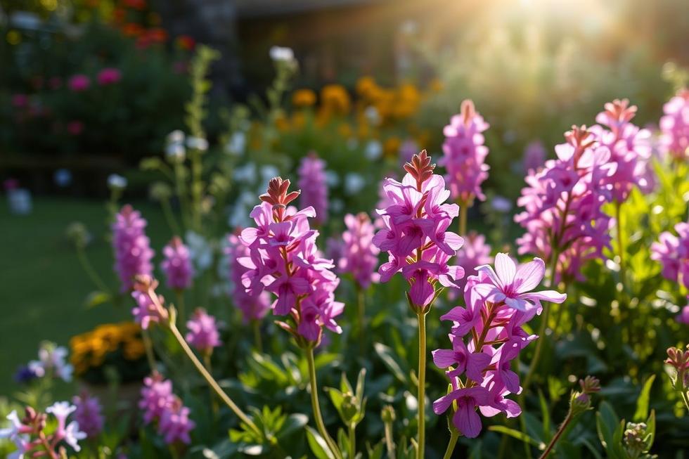 Um jardim florido com flores Angélica em destaque sob a luz do sol.