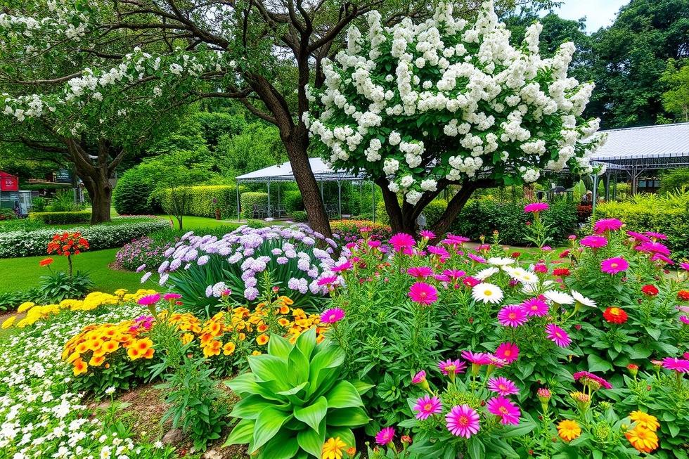 Cenário de um jardim com diversidade de flores e uma árvore de Manacá-da-Serra em bloom.