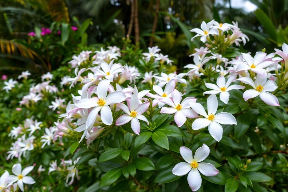 Jasmim-da-Índia em flor, refletindo a beleza e o perfume da planta em um jardim.