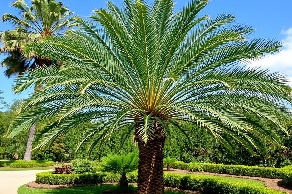 Imagem de uma Palmeira Fênix exuberante em um jardim bem cuidado.