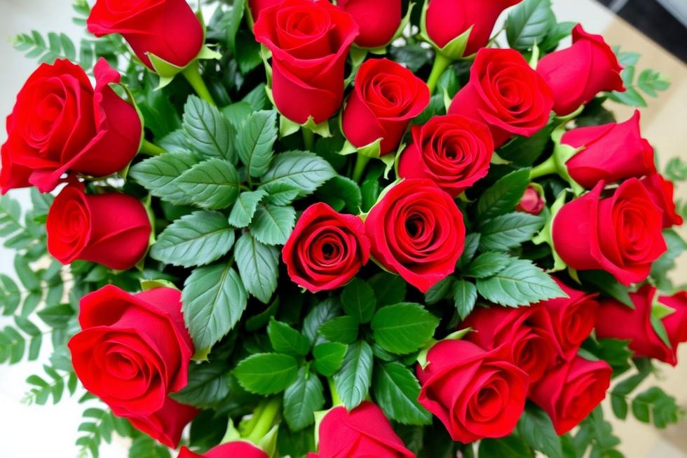 Um arranjo vibrante de rosas vermelhas com folhagem verde.
