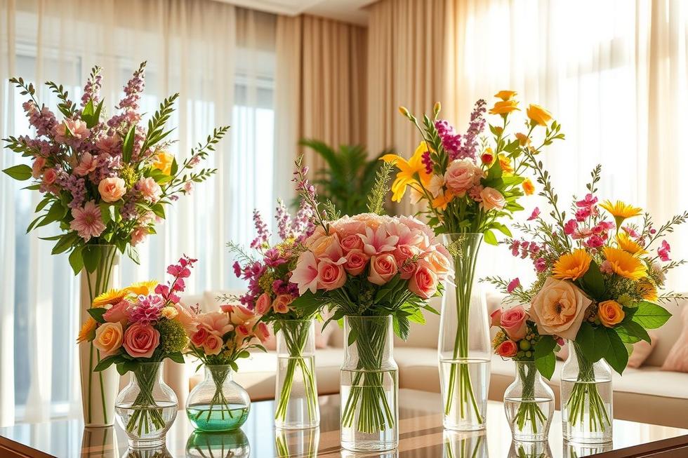 Diversos buquês de flores cuidadosamente arranjados em um ambiente iluminado.
