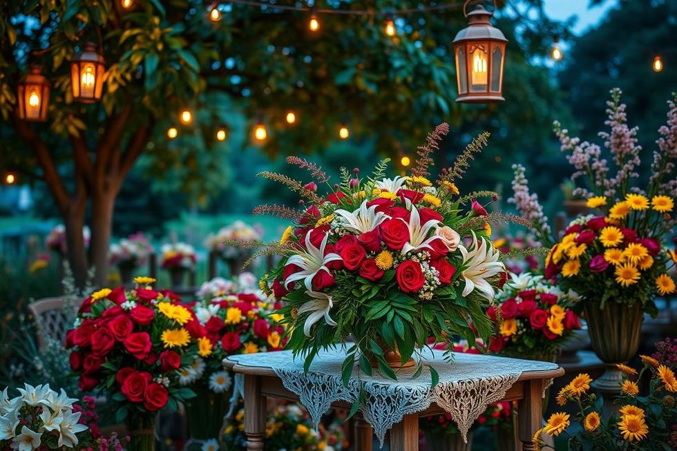 Diversos buquês românticos em um ambiente decorado para o amor.