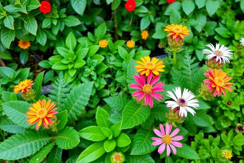 Várias plantas Coroa de Cristo com flores coloridas em um jardim.