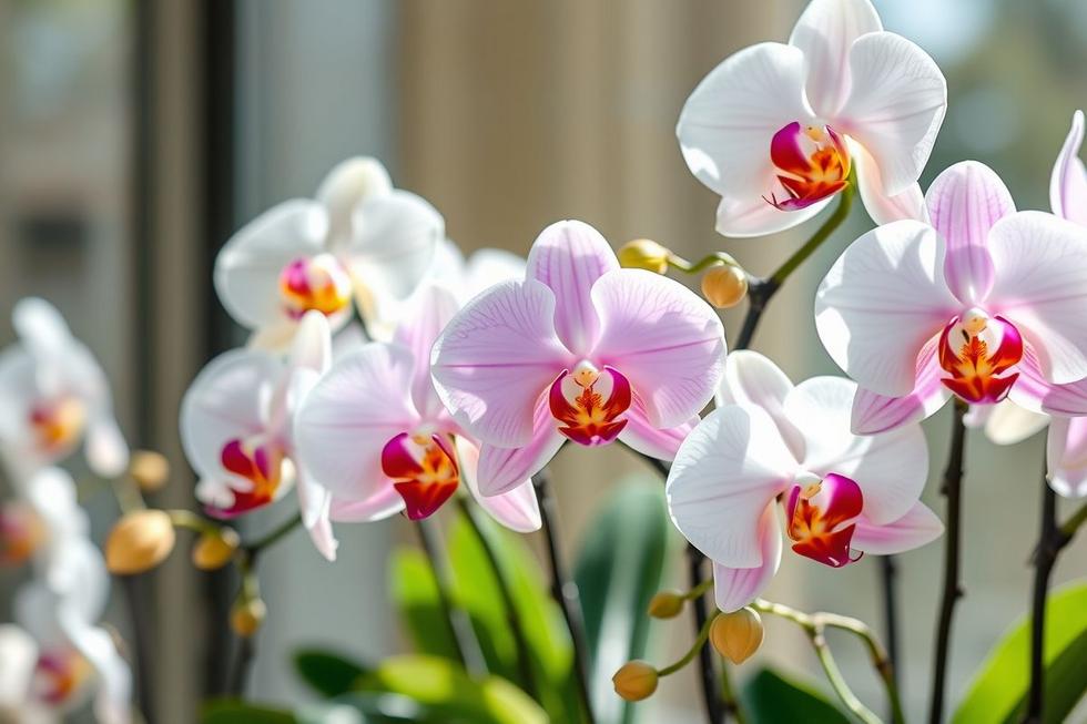 Diferentes tipos de orquídeas em um ambiente bem iluminado.