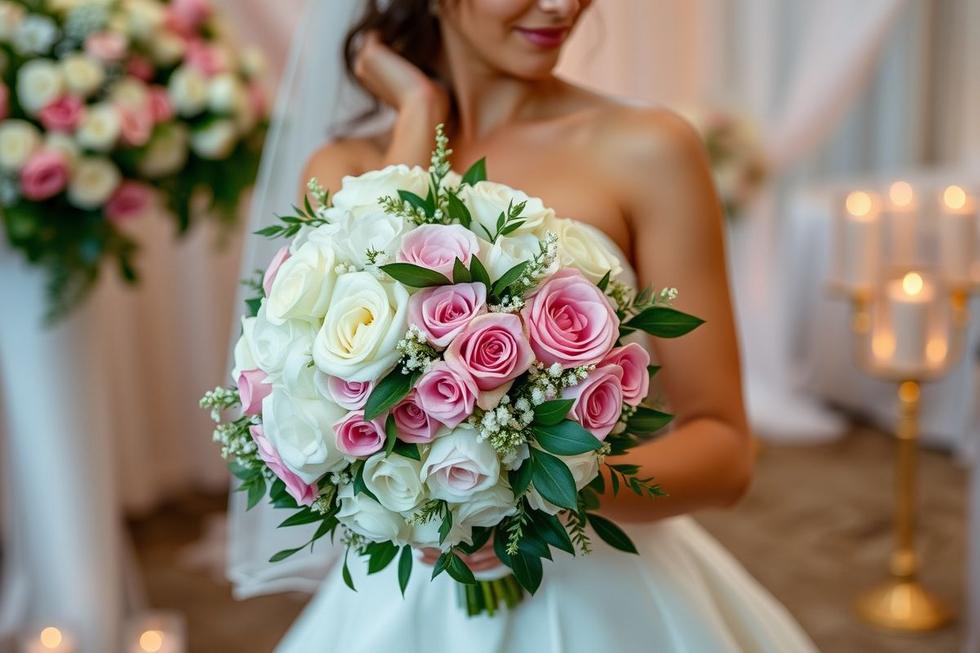Noiva segurando um buquê de flores em uma cena de casamento mágico.