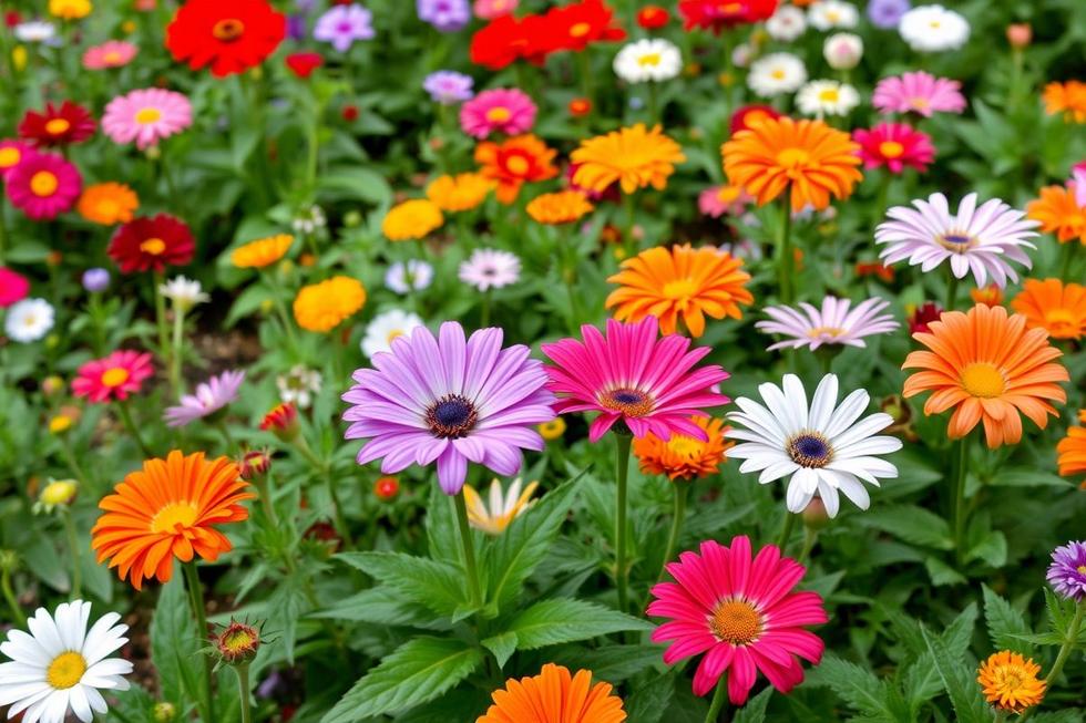 Jardim exuberante com flores em plena floração, simbolizando o sucesso da jardinagem.