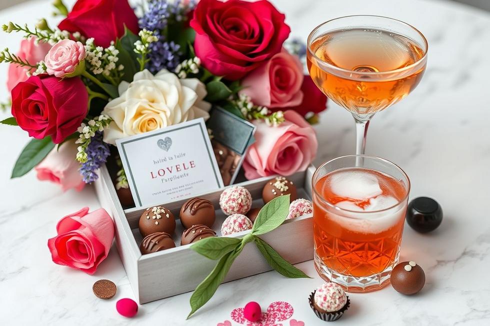 Presente romântico com flores, trufas e bebidas, ideal para ocasiões especiais.
