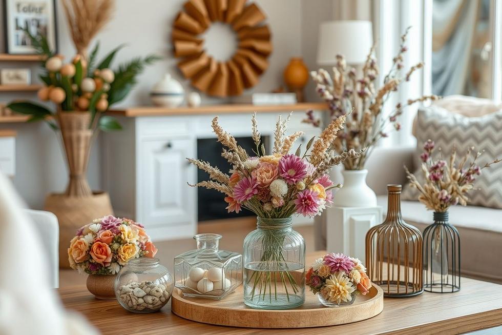 Decoração de espaço com itens feitos de flores secas