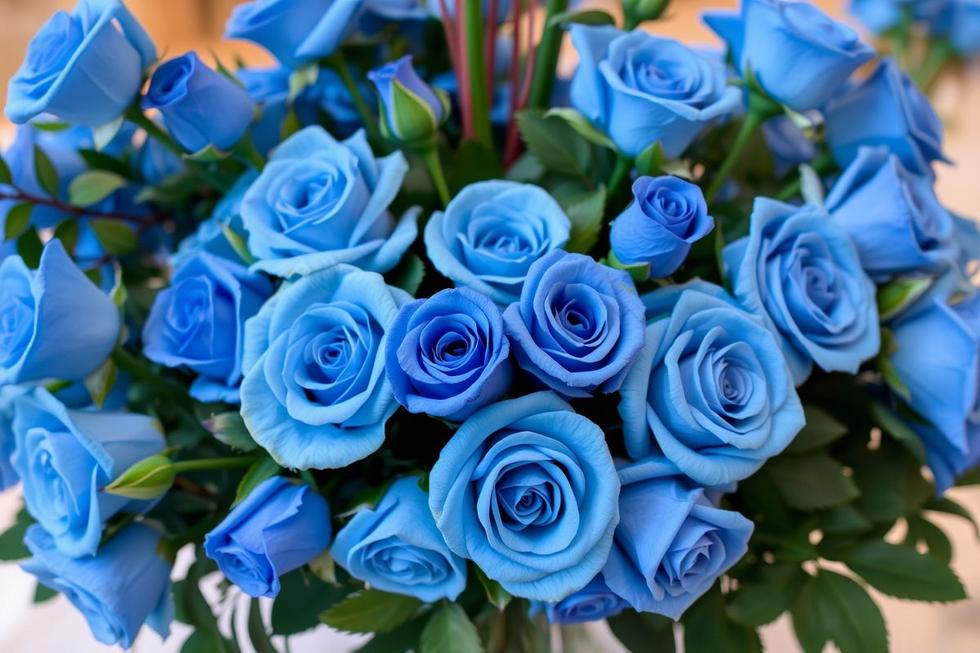 Um lindo arranjo de rosas azuis em um cenário elegante, refletindo charme e beleza.
