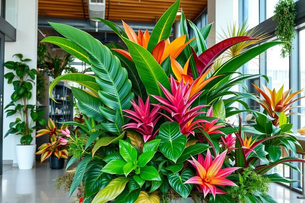 Arranjo de plantas exóticas coloridas em um interior moderno.