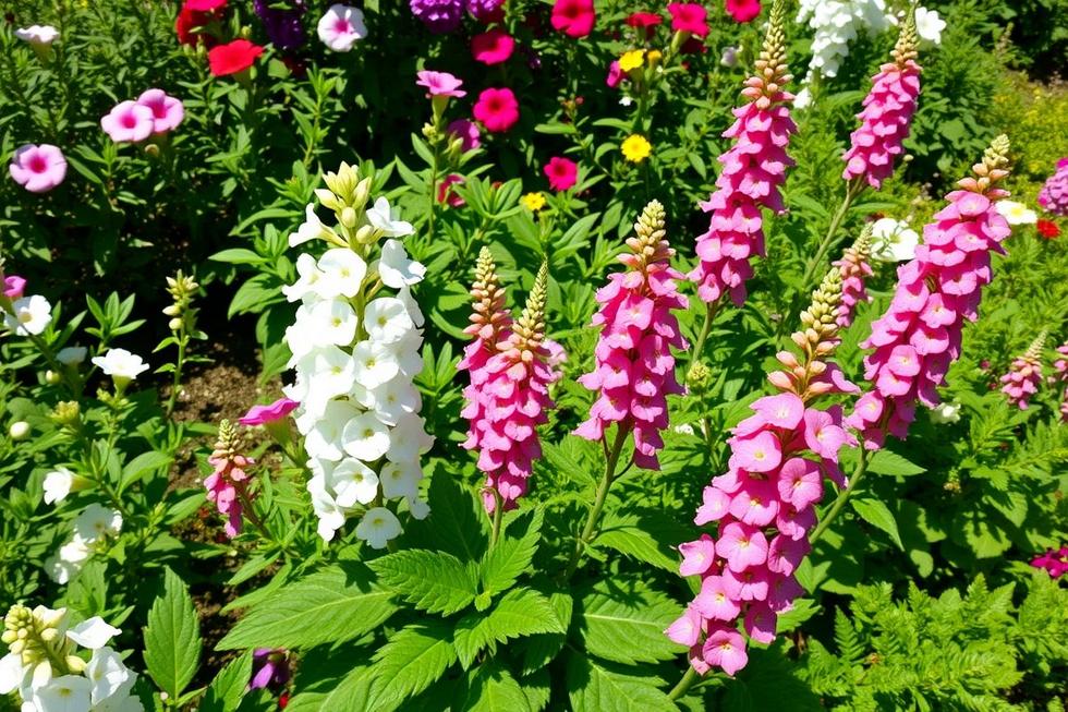 Um jardim colorido com flores Angélicas em plena floração.