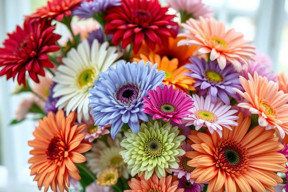 Arranjo de flores cortadas coloridas em um ambiente bem iluminado