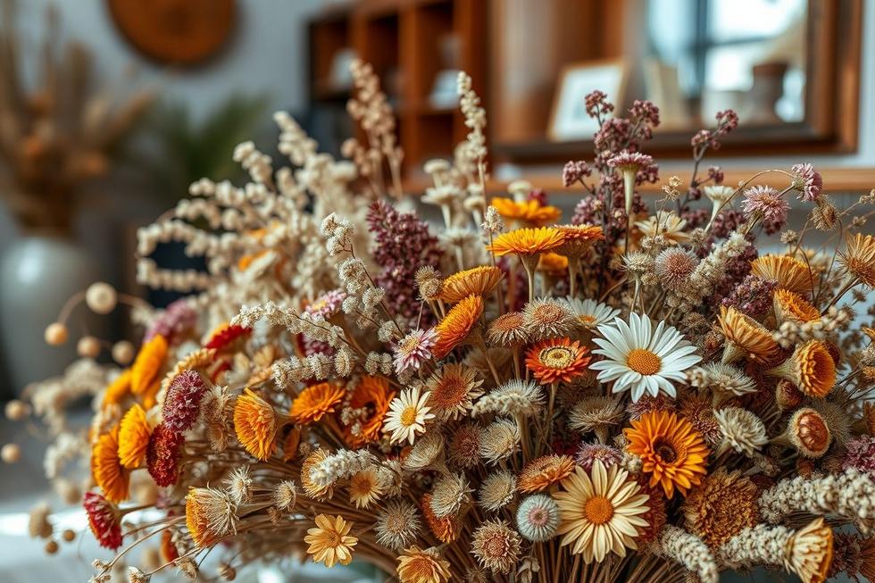 Decoração de interiores com flores secas.