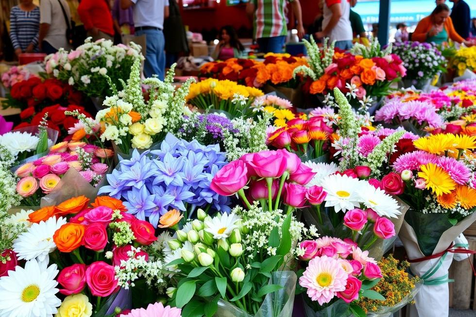 Diversidade de buquês de flores em um mercado.