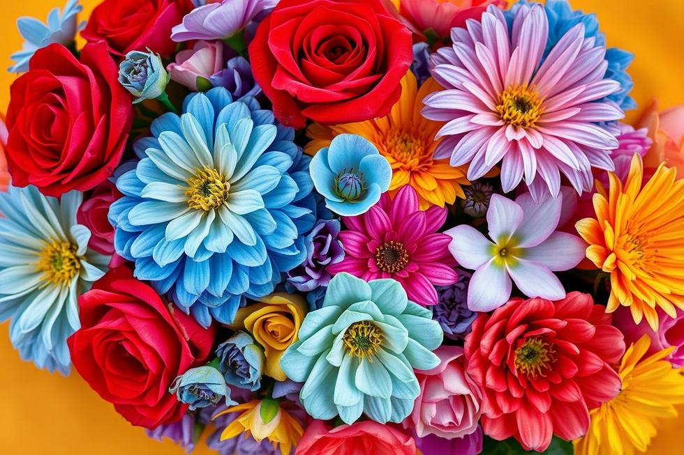 Flores de diversas cores dispostas de forma artística, simbolizando suas emoções.