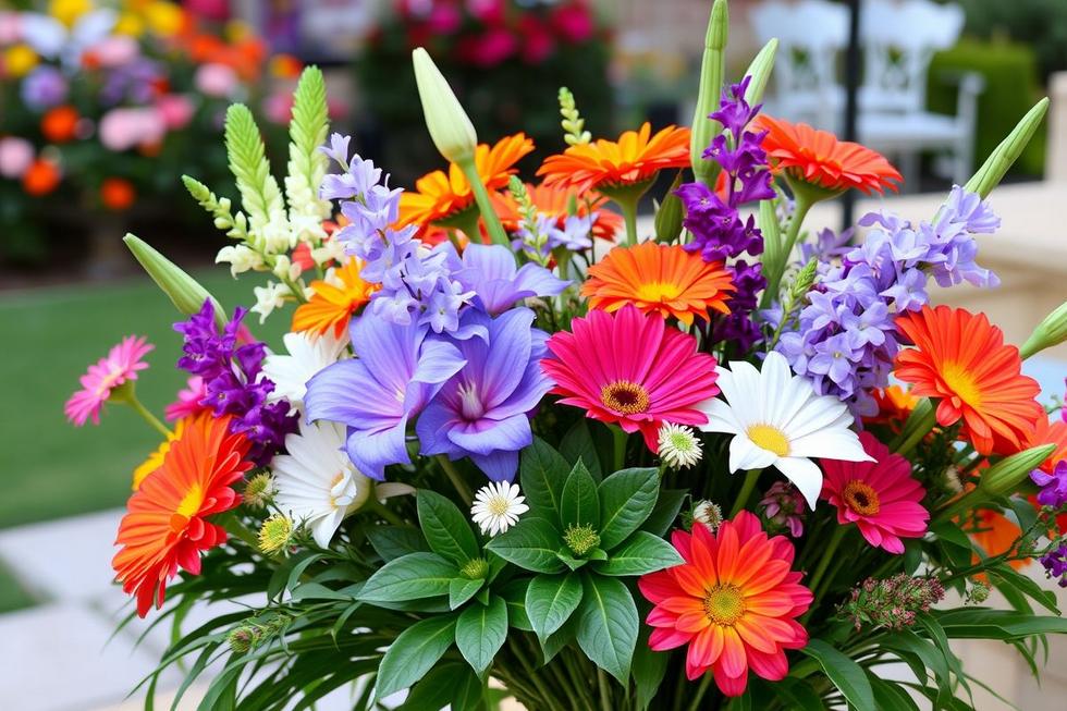 Arranjo requintado de flores frescas em um ambiente ao ar livre.