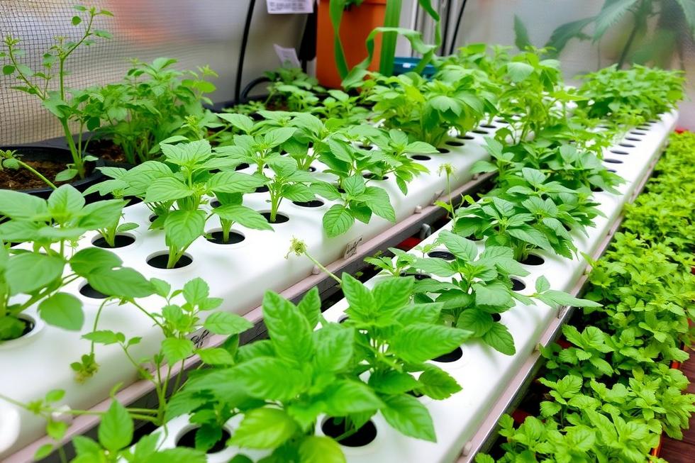 Jardim hidropônico caseiro com plantas verdes e saudáveis.