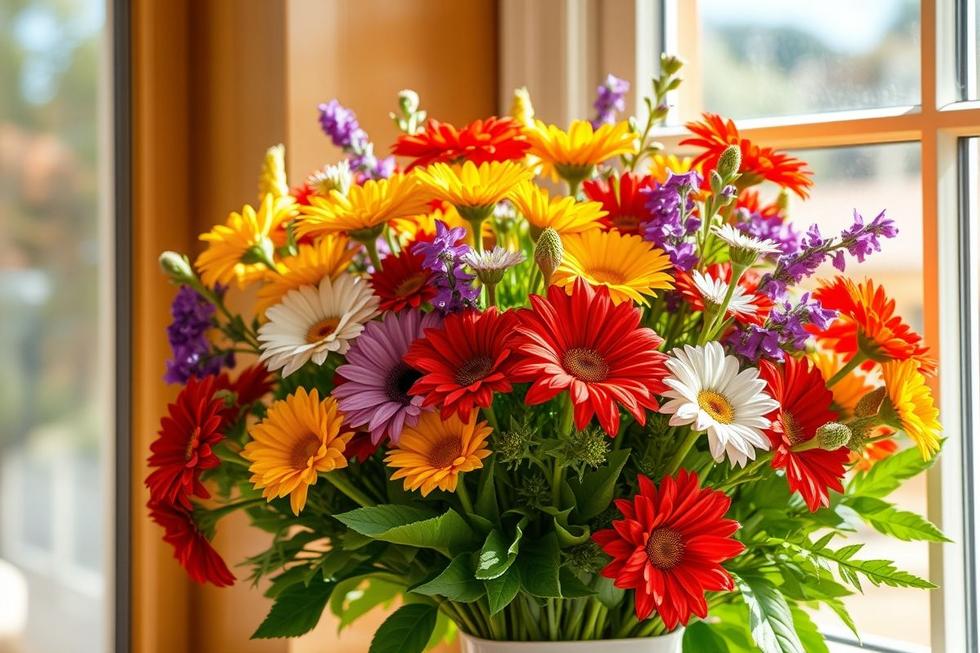 Arranjo de flores promovendo conservação e cuidados.