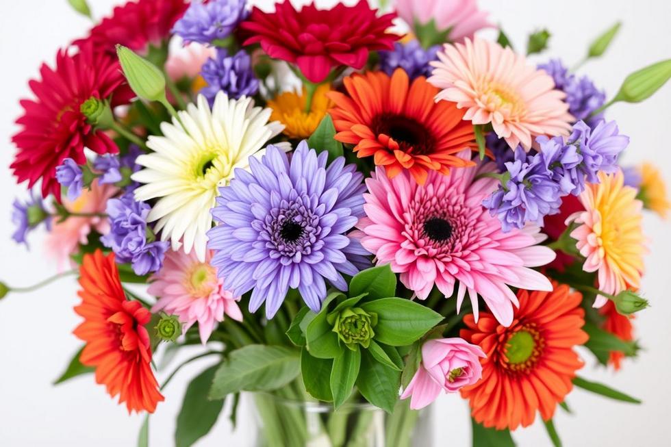 Bouquet of colorful flowers arranged in a stylish vase.