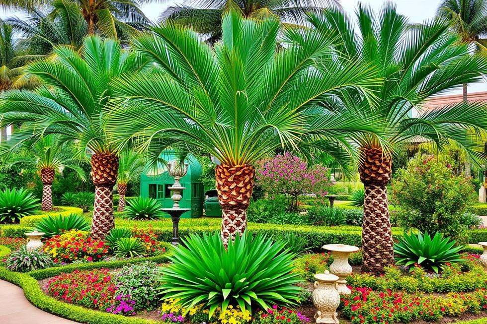 Vista geral de um jardim tropical com várias Palmeiras Fênix.