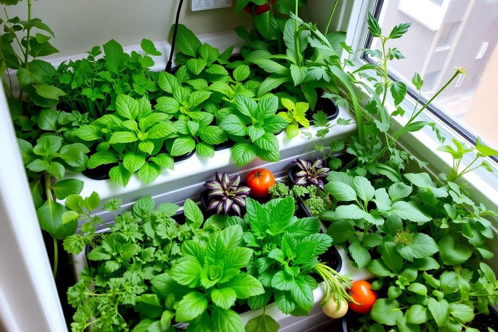 Jardim hidropônico interno com diversas plantas saudáveis.