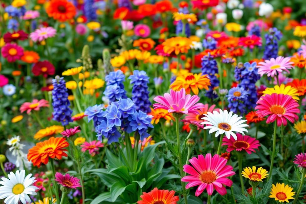 Jardim colorido de flores, simbolizando beleza e emoções.