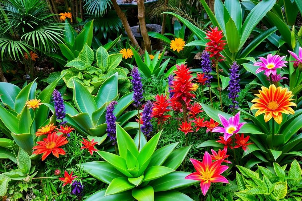 Um jardim exótico vibrante com uma variedade de plantas e flores.