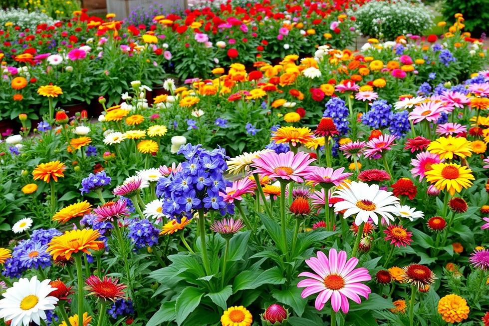 Um jardim vibrante e florido com cores variadas e um layout harmonioso.